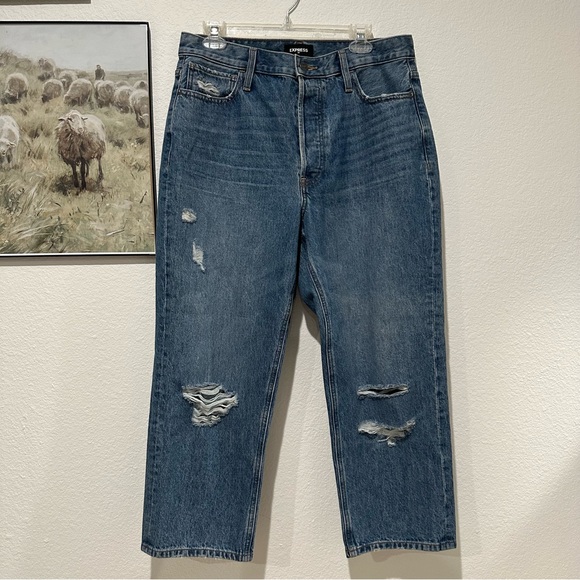 Express High Waisted Original Ripped Cropped Dad Jeans - Picture 2 of 11